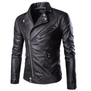 Men's Black Faux Leather Biker Jacket - Classic Moto Style, Structured Fit