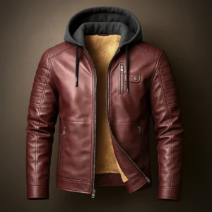 Men's Leather Jacket with Removable Hood - Wool Lined Winter Jacket, 3 Pockets