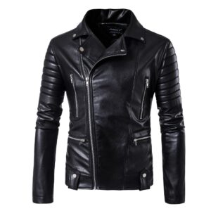 Men's Black Leather Moto Jacket - Vintage Motorcycle Style, Regular Fit