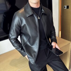 Men's black Faux Leather Jacket with Lapel Collar - Lightweight
